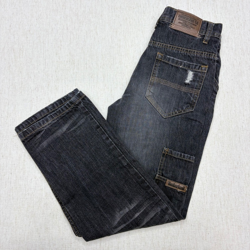 Timberland Y2K Boys Carpenter Jeans SZ 10 Faded Black Distressed Denim Straight